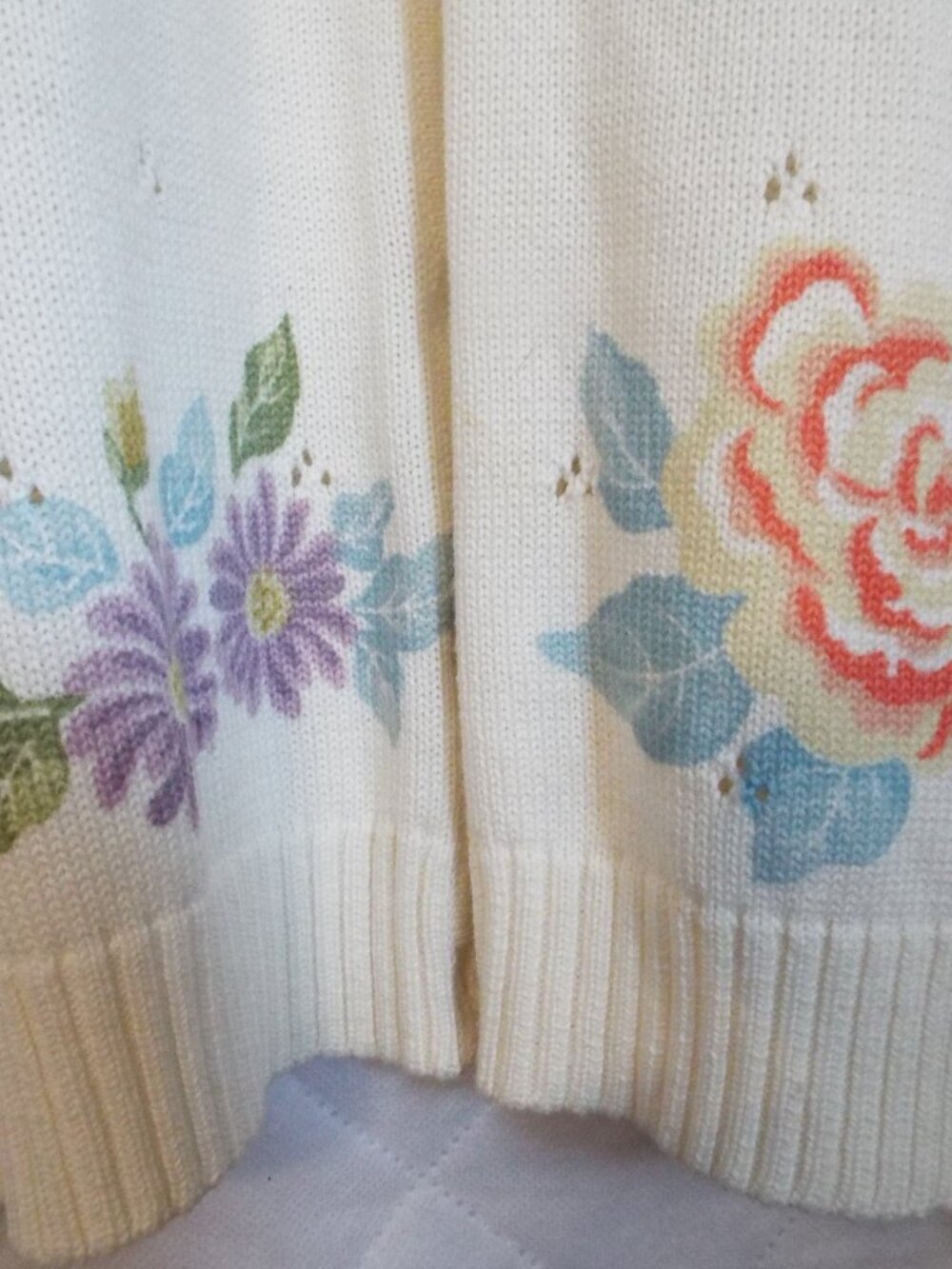 Vintage Koret Ivory Floral Long Cardigan Sweater Size XL - Picture 5 of 7